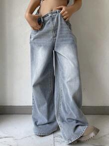 DAZY Pantalones vaqueros largos de uso diario sencillos y lisos para damas, jeans holgados, ropa de vuelta al colegio - Lavado ligero - Ver 6