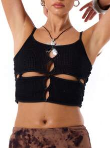 MUSERA Summer Fashion Solid Color Slim Fit Cropped Cami Top With Hollow Out Design - Black - View 1