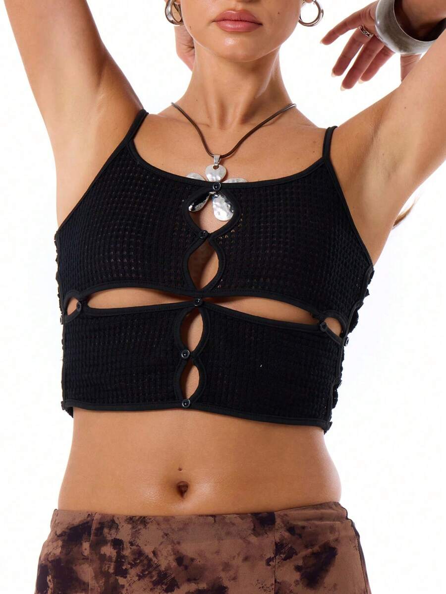 MUSERA Summer Fashion Solid Color Slim Fit Cropped Cami Top With Hollow Out Design - Black - View 1