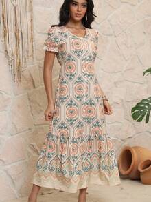 女士短袖圆领连衣裙，优雅时尚，夏季