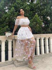 Flirla Plus Size Summer Embroidered Off-Shoulder Crop Top & Skirt Set, Romantic Fashion Outfits - Multicolor - View 5
