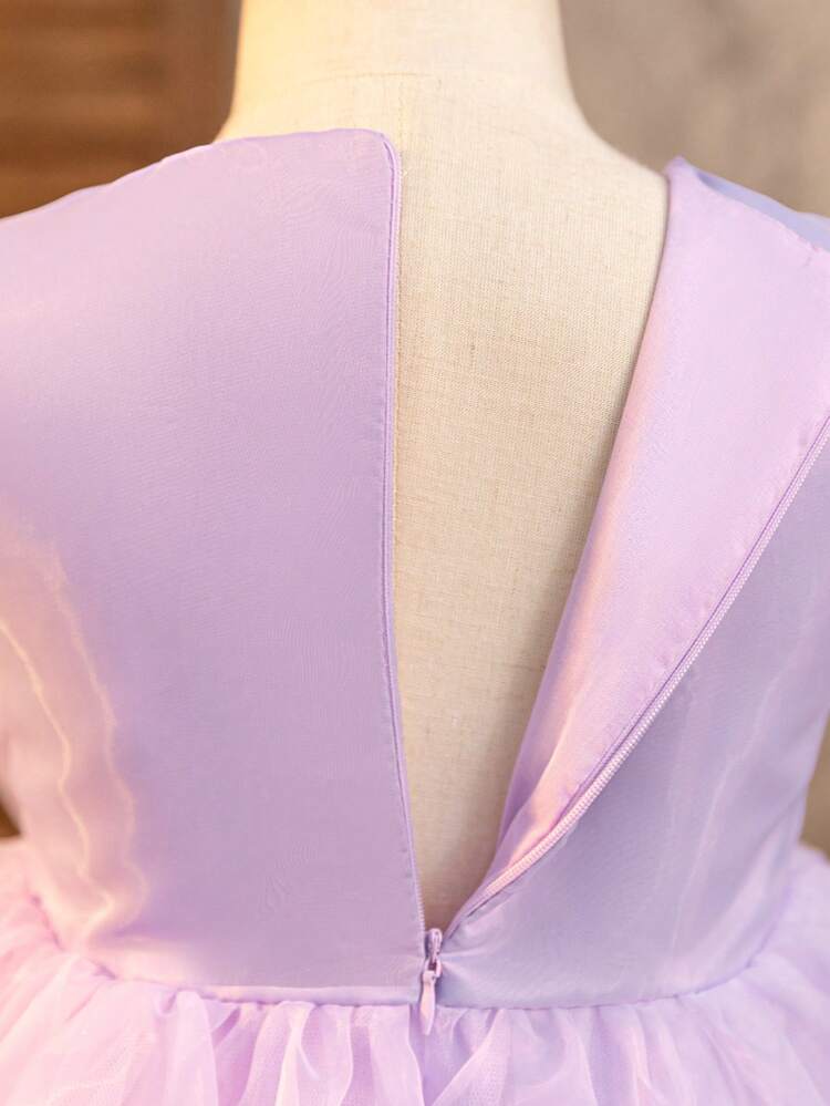 Young Girl Flower Girl Birthday Party Wedding Festival Dress, Toddler Girls' Purple Puff Sleeve Dress With Large Bow, Suitable For Stage, And Tropical Beach Theme, Summer And Seaside Fun