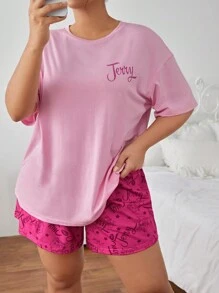 TOM & JERRY X SHEIN 大尺碼休閒可愛寬鬆針織卡通印花粉色 Tee 和短褲睡衣組合 - 粉色 - 查看 5