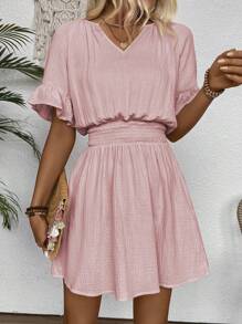 Chiquease 女士V領荷葉邊腰帶休閒夏裝連衣裙 - 粉色 - 查看 5