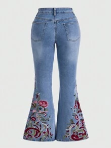 ROMWE Hippie Plus Size Flower Embroidery Flared Jeans, School - Blue - View 4