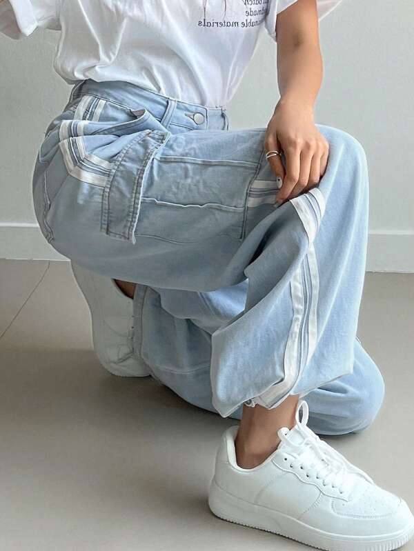 FRIFUL Damen Loose Fit Weite Bein Lässig Jeans mit Taschen, Workwear, Schulanfang Kleidung