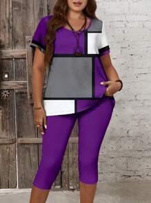 EMERY ROSE Plus Size Women's Slimming Asymmetrical Color Block Grid T-Shirt And Leggings Set, Pink, For Summer - Purple - View 1