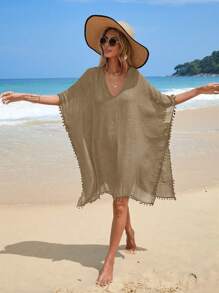 Swim Lushoire Women's Summer Beach Pom Pom Trim Loose Cover-Up Dress