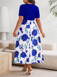 SHEIN Clasi Váy tay ngắn in hoa cỡ lớn có miếng vá, trang phục Maxi mùa hè cho nữ - Màu xanh lam - Xem 2