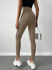 EURMUSE Solid Wideband Waist Leggings - Camel - View 2