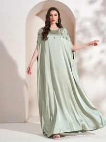 Women's Summer Round Neck Rhinestone Embellished Casual Dress - Green - View 6