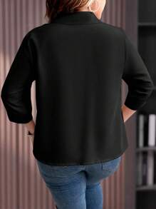 EMERY ROSE Plus Size Solid Color Button-Up Turn-Down Collar Casual Shirt For Summer Fall - Black - View 2