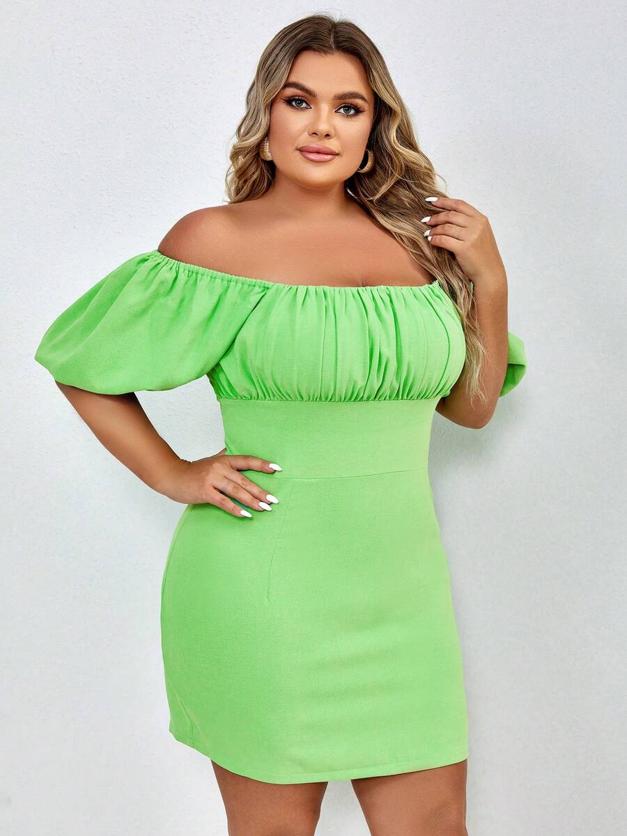 Plus Off Shoulder Lace Up Backless Ruched Bust Dress