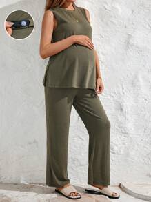 SHEIN Maternity Elegant Commuter Round Neck Sleeveless Side Slit Vest With Adjustable Elastic Waist Straight-Leg Jumpsuit Two-Piece Set