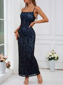 SHEIN VCAY Holiday Knitted Mesh Printed Side Slit Bodycon Dress With Super Long Straps For Women - Black - View 6