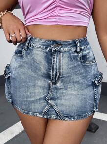 Dripcurv Plus Size Women's Denim Skirt, Sexy Stretchy Bodycon Skirt With Utility Pockets, Blue
