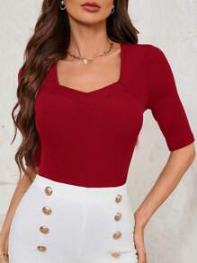 SHEIN Clasi Áo thun nữ Slim Fit cổ khoét sâu - Đỏ - Xem 7