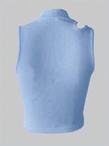 SHEIN Plus Size Women's Summer Solid Color Stand Collar Hollow-Out Slim Fit Tank Top - Baby Blue - View 2