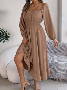 Actual Photo Spring/Summer Elegant Square Neckline Gathered Waist Ruffle Hem Dress - Khaki - View 6