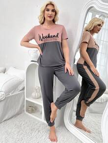 Color Block Slogan Print Short Sleeve And Long Pants Pyjamas Set - Multicolor - View 6