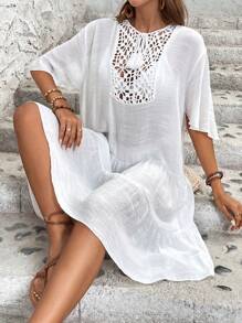 Chiquease Vestido de corte veraniego elegante y conciso para mujeres con corte, bordado y flecos en la cintura - Blanco - Ver 6