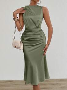 Chiquease Women's Asymmetric High Neck Bodycon Sleeveless Dress With Ruched Waist And Fish Tail Design - Green - View 4