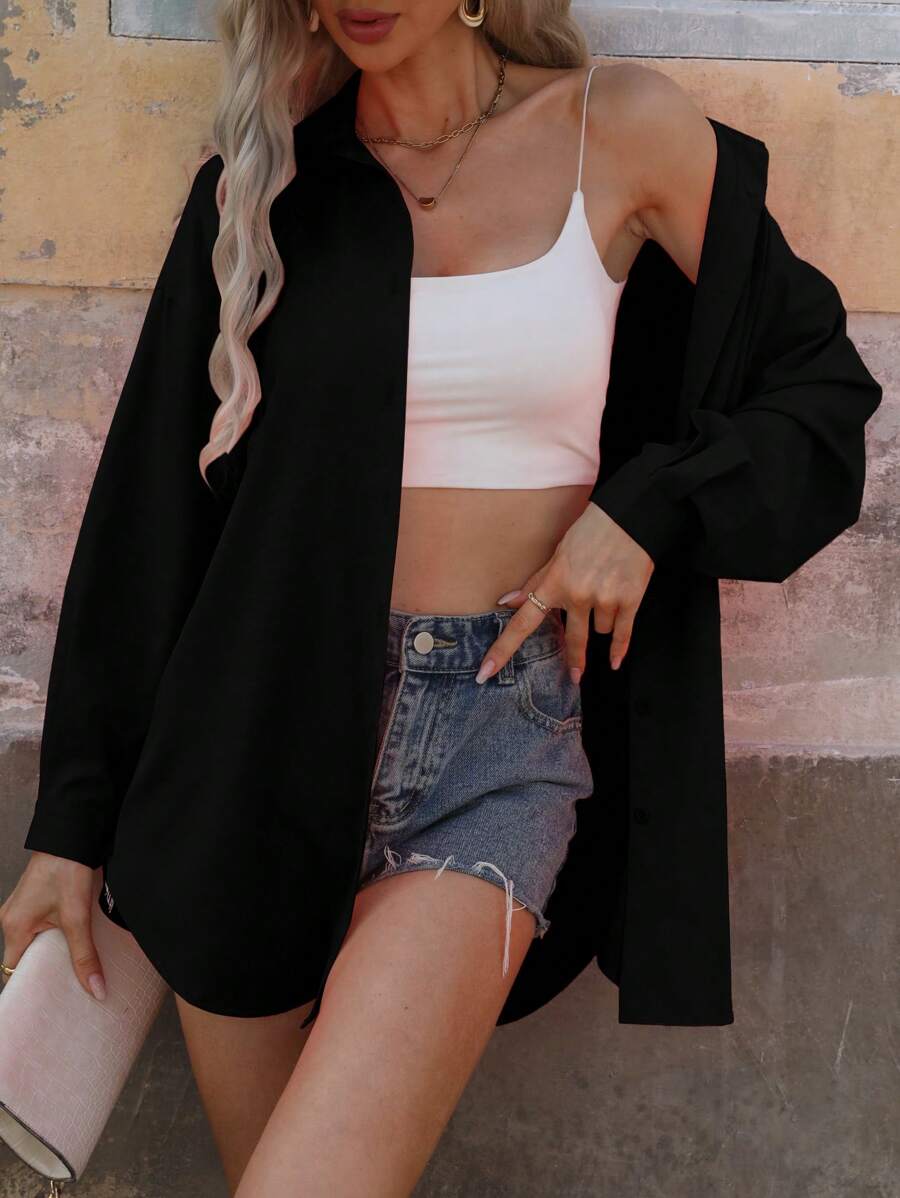 EMERY ROSE Solid Color Casual Long Sleeve Button-Up Shirt,Long Sleeve Tops Fall Cloth For Women - Black - View 1