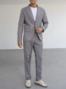 Manfinity Mode Men's Single-Button Blazer With Suit Pants, Suit Set - Grey - View 4