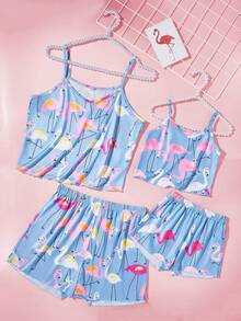 2 peças Conjunto de Pijama com Alças Finas e Shorts com Estampa Simples de Flamingo para Meninas - Multicolorido - Visão 4