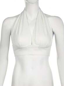 INAWLY 女式夏季純色褶皺短款頸後綁繩背心 - 白色 - 查看 3