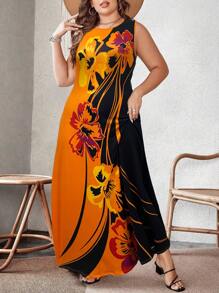 Plus Size Kwiatowy Nadruk Okrągły Dekolt Bez Rękawów Swobodna Letnia Sukienka Maxi Strój Damski - Wielokolorowe - Zobacz 3