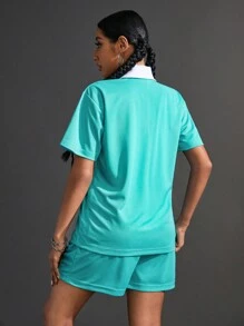 Streetz SHEIN Sport Women's Color-Block Letter Print Short Sleeve Top And Shorts Sports Set, Summer - Mint Blue - View 2