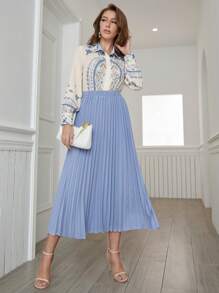 Mulvari 女性植物印花襯衫和百褶裙套裝 - 藍色 - 查看 4