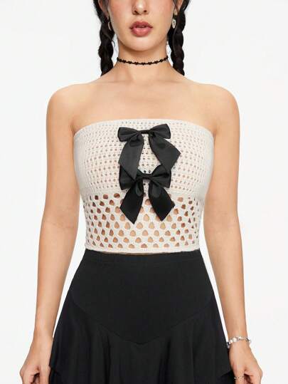 Kawaii Sexy And Sweet Vacation Style Women's Strapless Top With Large Bow Decoration And Hollow-Out Design