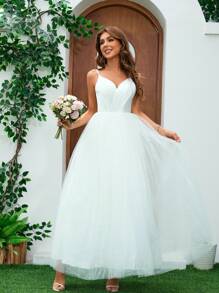 深 V 领缎面褶皱吊带连衣裙，网眼撞色，婚纱白色优雅新娘礼服 - 白色 - 查看 1