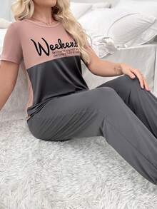 Color Block Slogan Print Short Sleeve And Long Pants Pyjamas Set - Multicolor - View 3