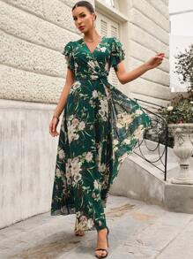 SHEIN Belle 优雅花卉印花荷叶边裹身 V 领女士正式晚会礼服舞会婚礼宾客礼服，适合毕业典礼、晚宴、圣诞节 - 綠色 - 查看 5
