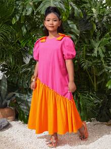 SHEIN 少女加大碼寬鬆休閒泡泡袖拼接彩塊中長款連衣裙，圓領設計