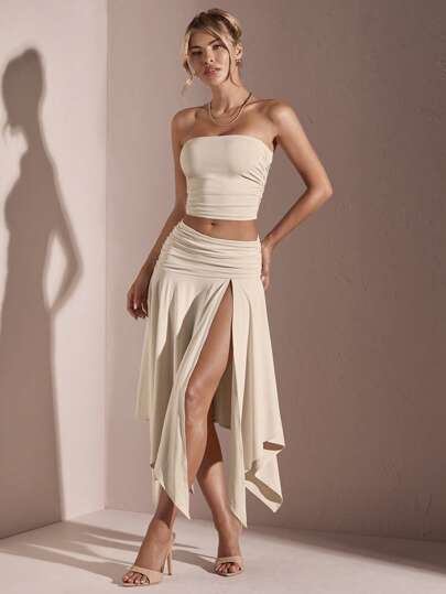 SHEIN BAE Women's Summer Solid Color Ruched Strapless Top + Asymmetrical High Slit Skirt,Valentine's Day,Valentine Outfits For Women