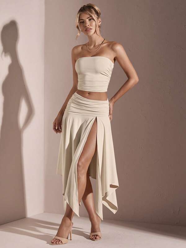 SHEIN BAE Women's Summer Solid Color Ruched Strapless Top + Asymmetrical High Slit Skirt
