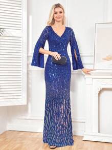 XUIBOL Split Sleeve Sequin Formal Dress - Royal Blue - View 1