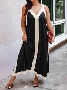 SHEIN Clasi Plus Size Women's Fashion Color-Block Sleeveless Dress - Black and White - View 5