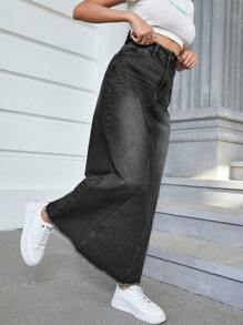 SHEIN ICON 女士純色簡約日常牛仔裙 - 深灰色 - 查看 3