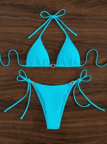 Swim SXY Women's Solid Color Halter Tie Sexy Bikini Set For Summer Beach - Blue - View 5