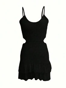 SHEIN Vestido De Tirantes De Talla Grande Con Dobladillo Con Volantes Hueco De Verano - Negro - Ver 4