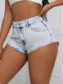 SHEIN SXY Summer Sexy Washed Denim Ultra-Short Shorts - Light Wash - View 6