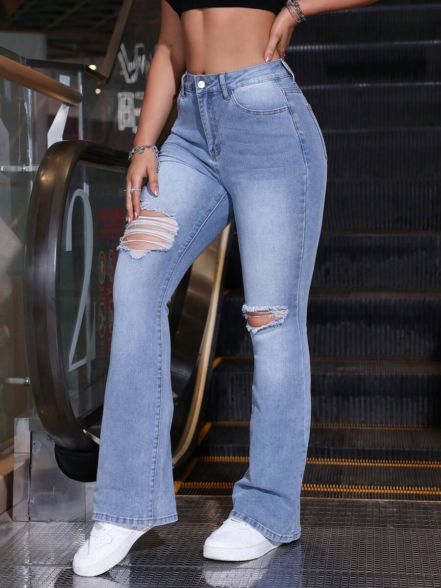 SHEIN EZwear Women's Casual Flared Jeans With Distressed Details And Pockets - Light Wash - View 1