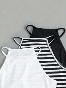 SHEIN Teen Girl Knitted Black And White Stripe Solid Color Casual Top 3pcs Set