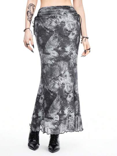 Jupe mi-longue gothique en maille transparente foncée avec imprimé léopard et floral, avec design évidé et nœuds aux deux côtés en ourlet sirène, style de vacances