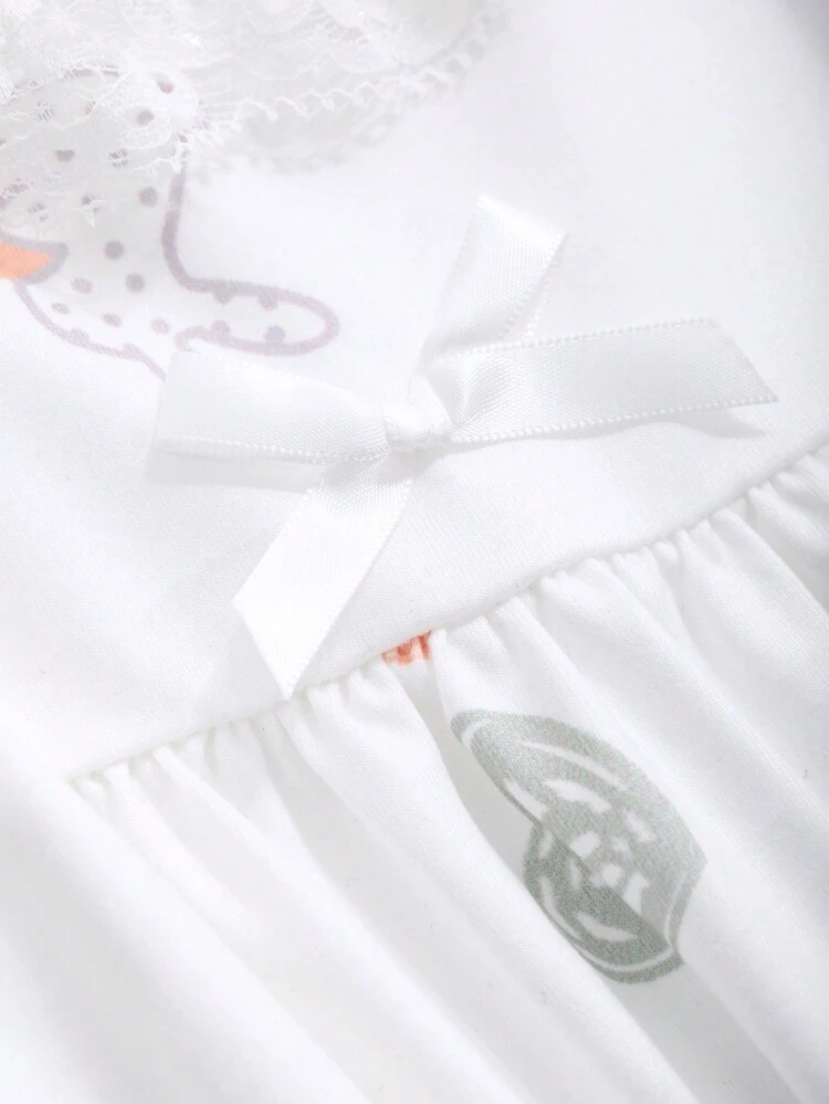 Lovely Heart-Shaped Rabbit Allover Print Lace Trim Sleep Dress